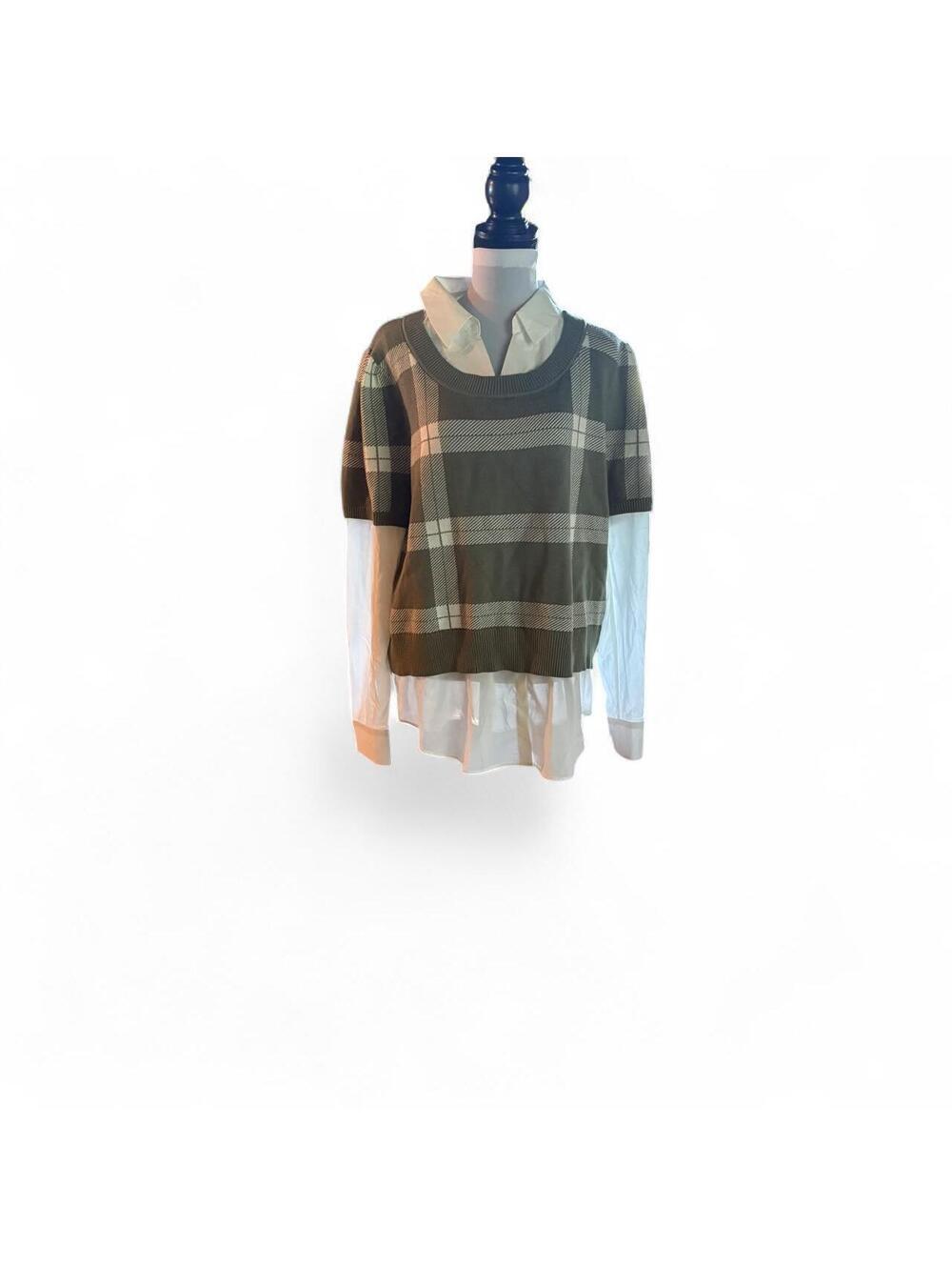 Rachel Zoe Green and White Plaid Layered Sweater with White Shirt - XL NWT